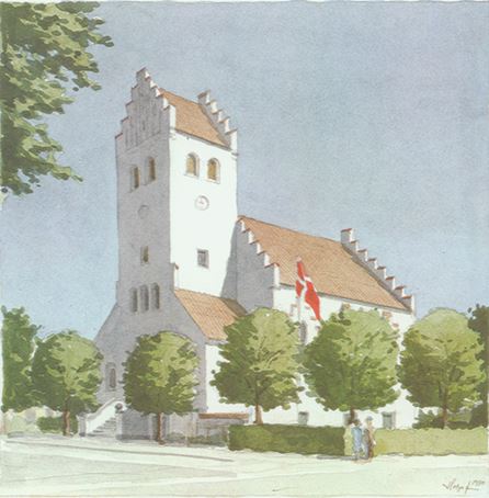 Grøndals Kirke. Akvarel af Holger Jensen.